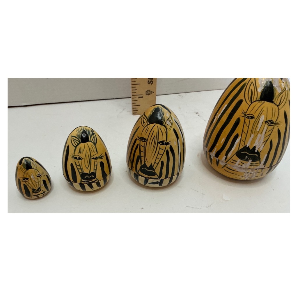 Vintage Nesting Eggs Zebra Hand Painted Wood‎ 4 Piece Set Yellow Black